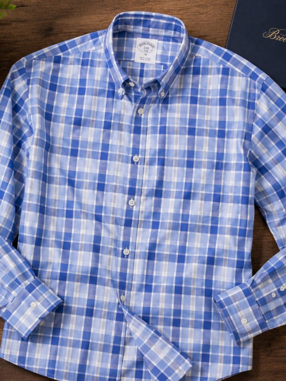 Brooks Brothers Plaid Oxford Shirt Blue White Mens Medium Button Down USA